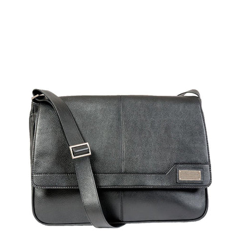 Black leather messenger bag with strap